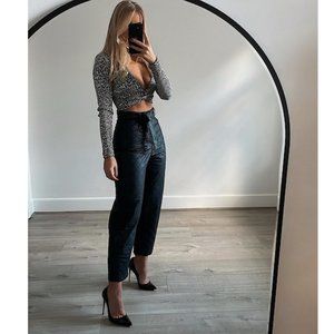 Zara Black Belted High Waisted Faux Leather Quilted Pants/Trousers Sz XS NWT